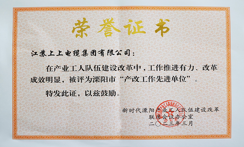 上上電纜獲評溧陽市“產改工作先進單位”、溧陽市“十佳產改實踐案例”